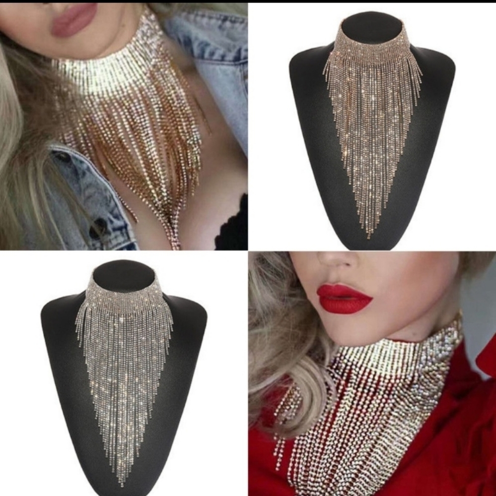 Y2k Diamond & Silver Necklace🌟Statement Choker 🌟Lab Diamond Fringe Bib NWT